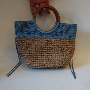WOMENS UNBILLION BLUE TAN BURLAP WOOD DOUBLE HANDLE HANDBAG *
